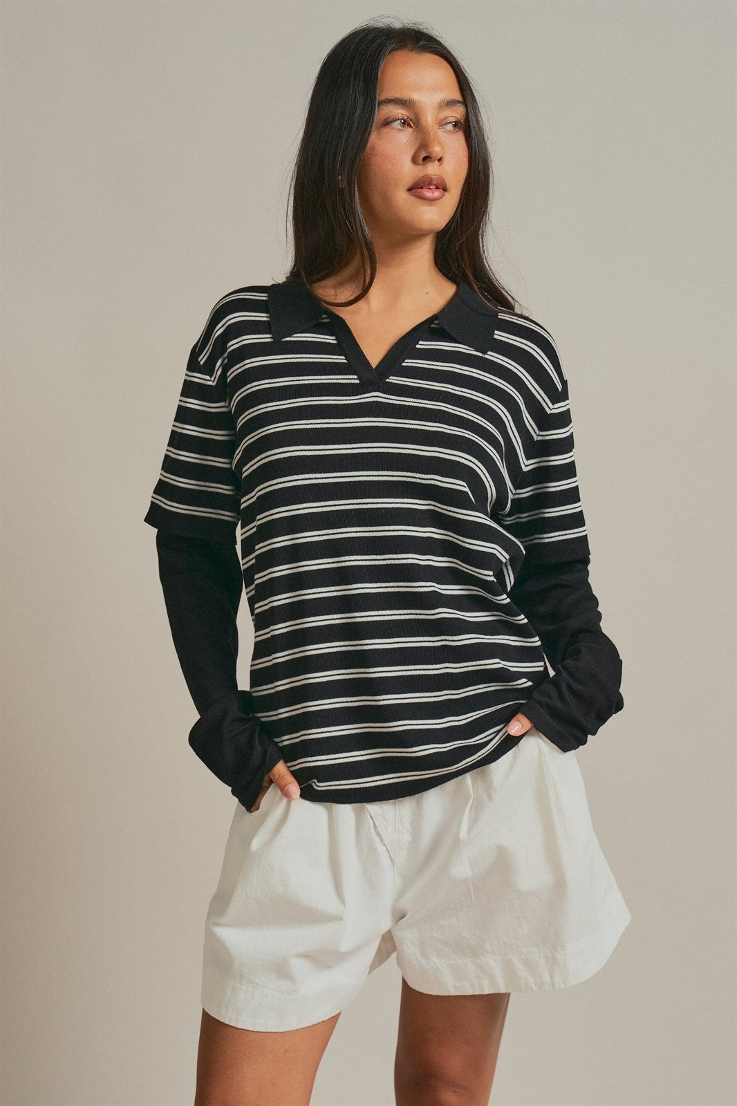 Striped Collared Layered Polo Top in Black - Women's Wholesale Fashion | Trend Notes
