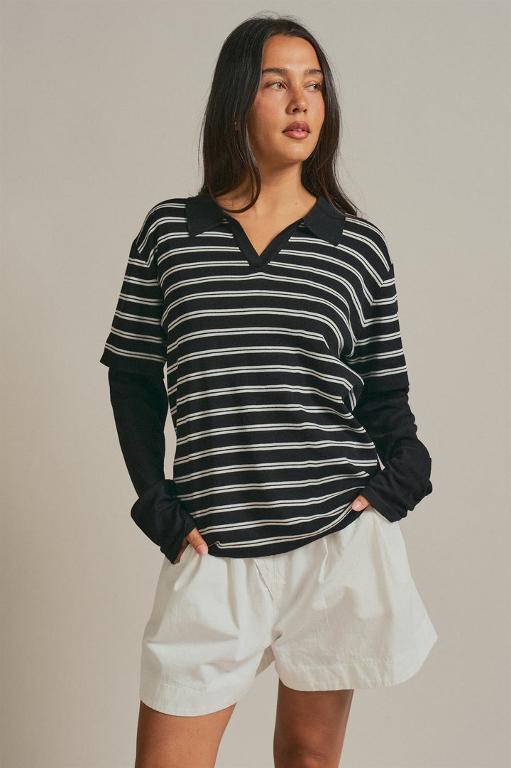 Striped Collared Layered Polo Top in Black - Women's Wholesale Fashion | Trend Notes