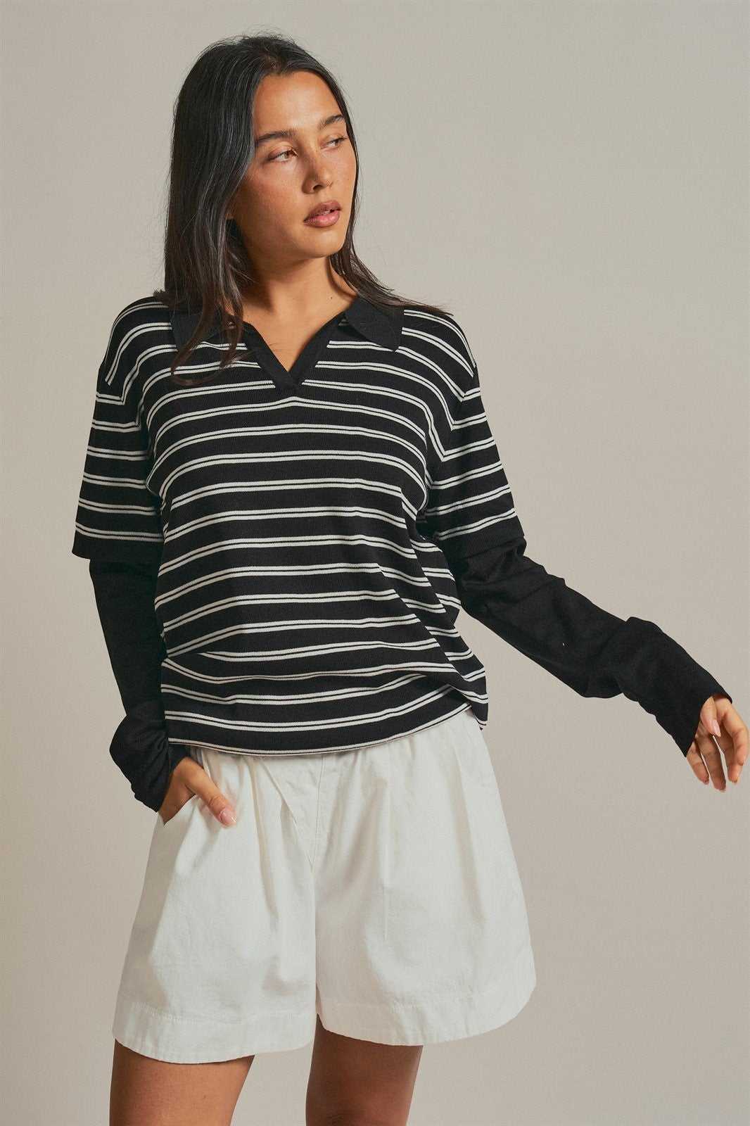Striped Collared Layered Polo Top in Black - Women's Wholesale Fashion | Trend Notes