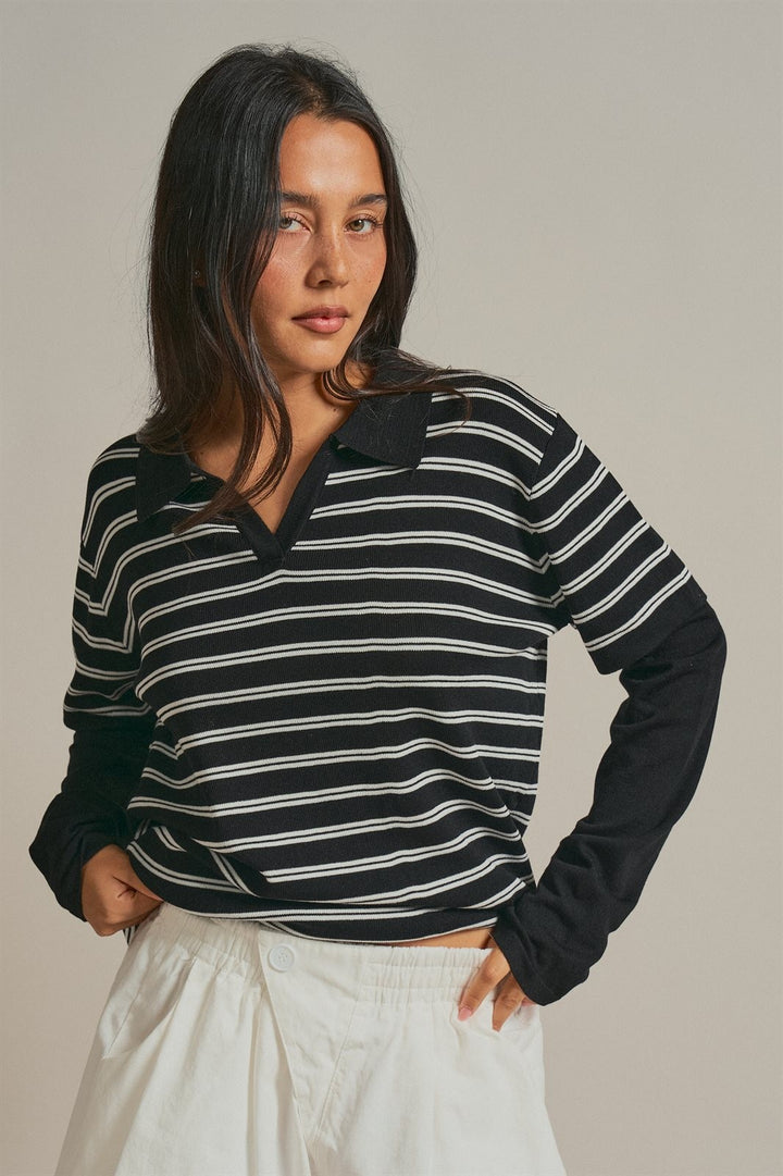 Striped Collared Layered Polo Top in Black - Women's Wholesale Fashion | Trend Notes