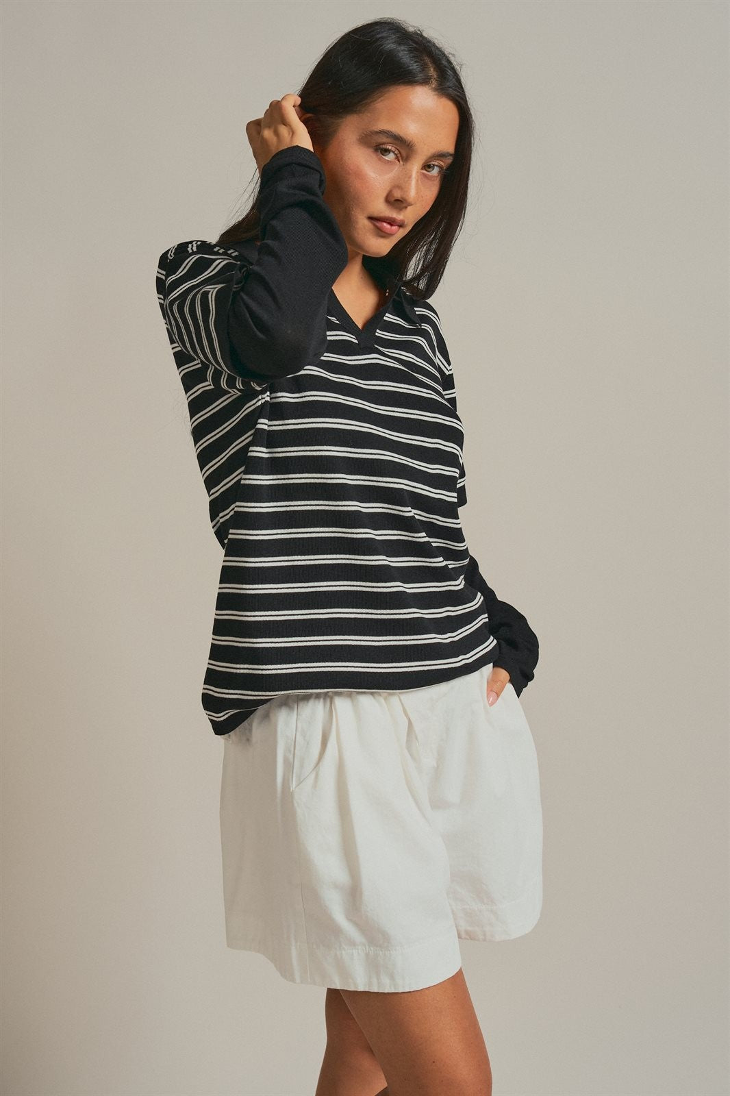 Striped Collared Layered Polo Top in Black - Women's Wholesale Fashion | Trend Notes