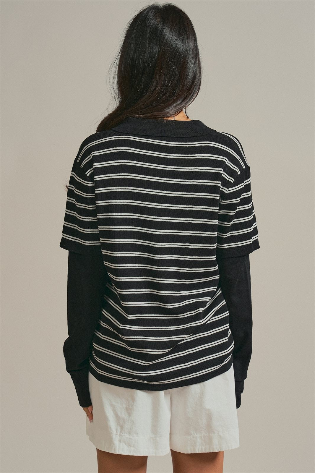 Striped Collared Layered Polo Top in Black - Women's Wholesale Fashion | Trend Notes