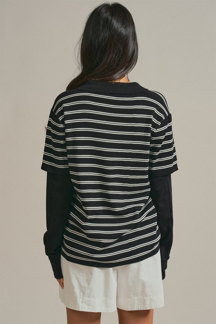 Striped Collared Layered Polo Top in Black - Women's Wholesale Fashion | Trend Notes