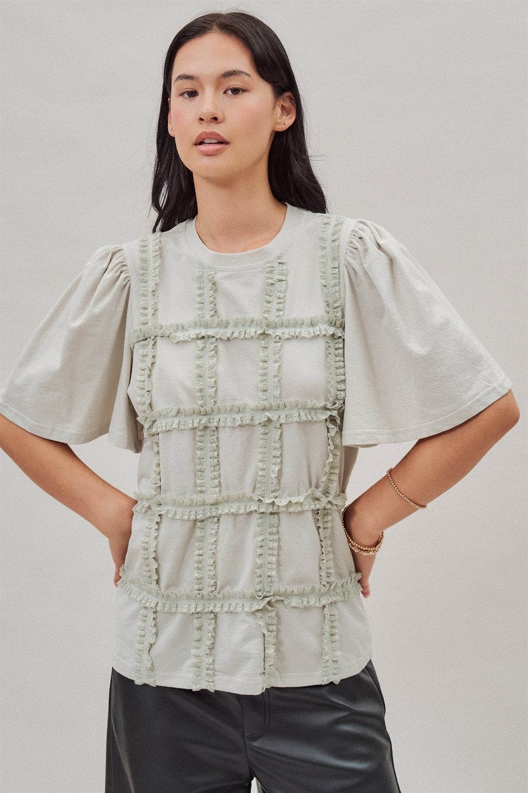 Textured Grid Ruffle Short Sleeve Top in Lt Grey - Women's Wholesale Fashion | Trend Notes