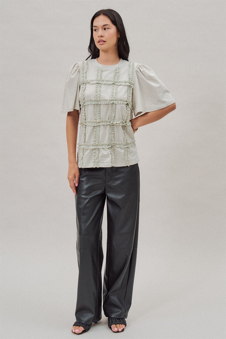 Textured Grid Ruffle Short Sleeve Top in Lt Grey - Women's Wholesale Fashion | Trend Notes