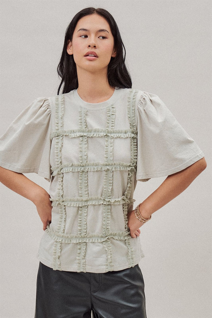 Textured Grid Ruffle Short Sleeve Top in Lt Grey - Women's Wholesale Fashion | Trend Notes