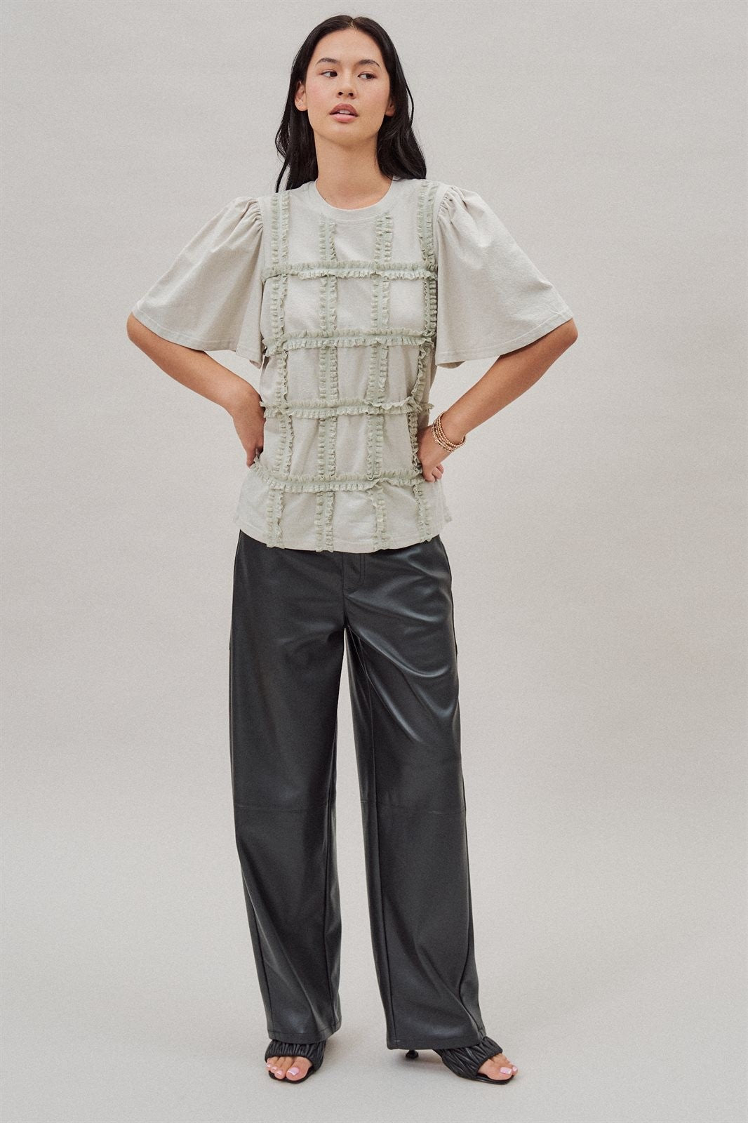 Textured Grid Ruffle Short Sleeve Top in Lt Grey - Women's Wholesale Fashion | Trend Notes