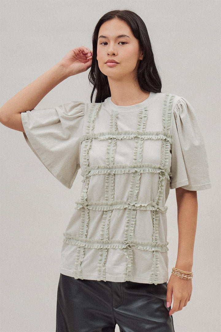 Textured Grid Ruffle Short Sleeve Top in Lt Grey - Women's Wholesale Fashion | Trend Notes