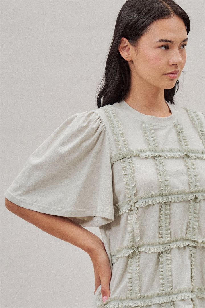 Textured Grid Ruffle Short Sleeve Top in Lt Grey - Women's Wholesale Fashion | Trend Notes