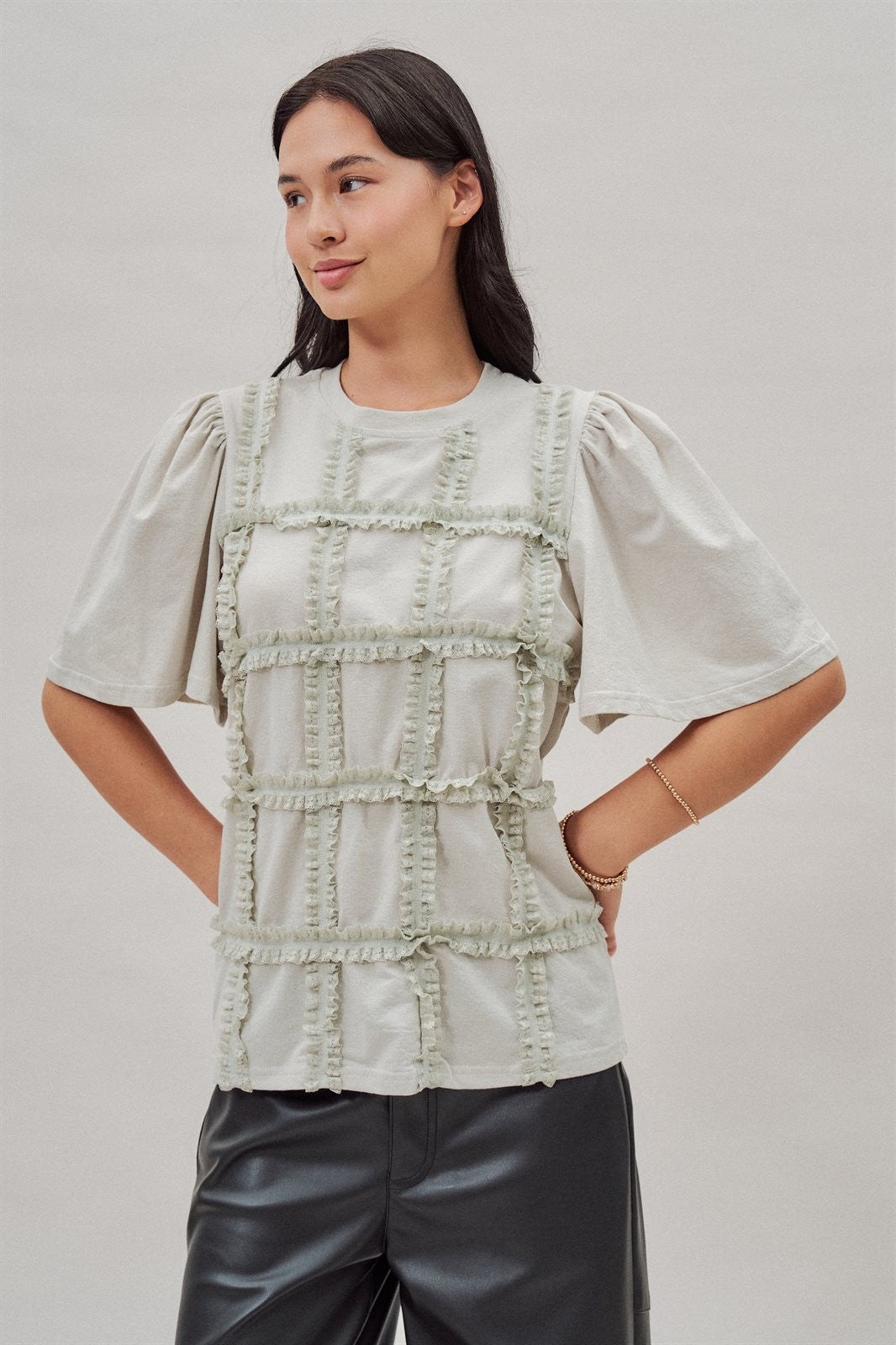 Textured Grid Ruffle Short Sleeve Top in Lt Grey - Women's Wholesale Fashion | Trend Notes
