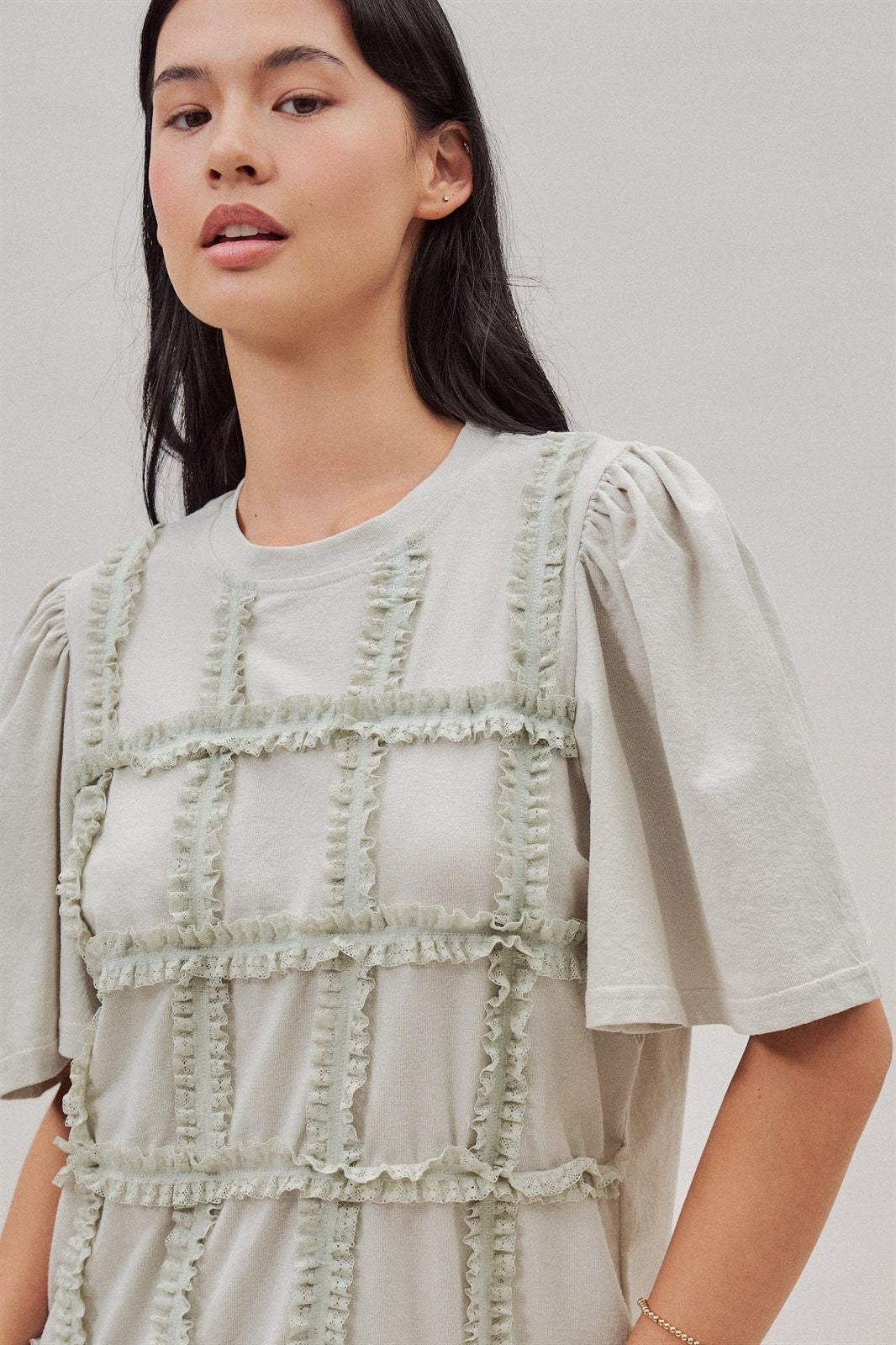 Textured Grid Ruffle Short Sleeve Top in Lt Grey - Women's Wholesale Fashion | Trend Notes