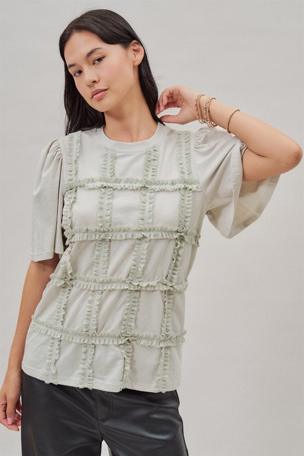 Textured Grid Ruffle Short Sleeve Top in Lt Grey - Women's Wholesale Fashion | Trend Notes