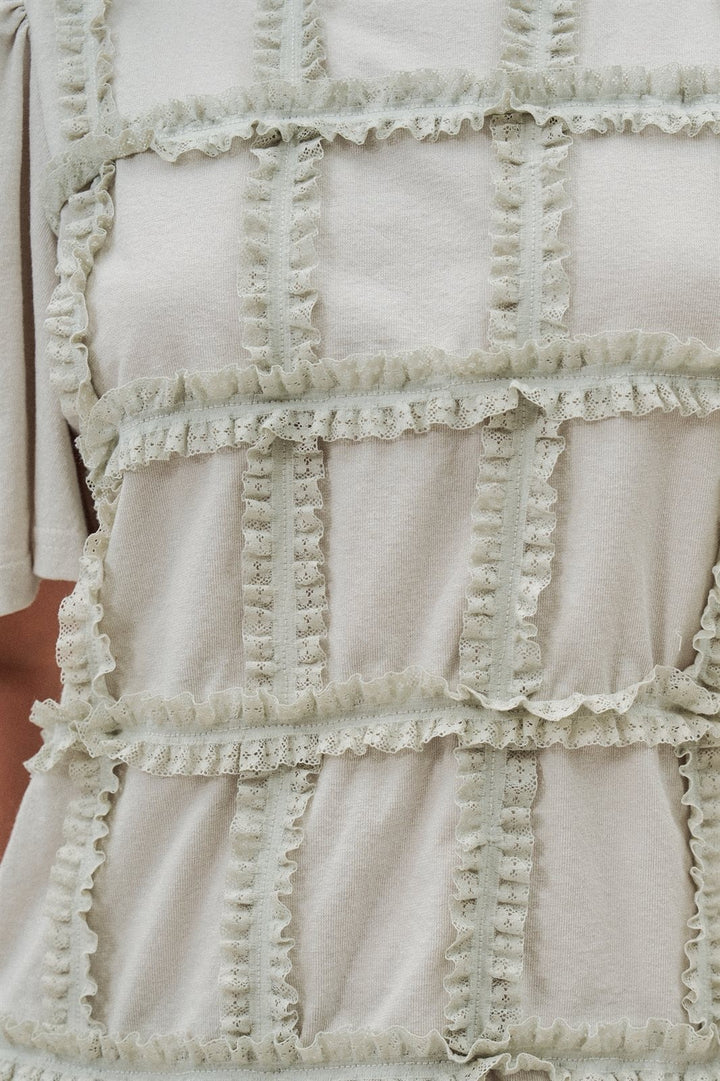 Textured Grid Ruffle Short Sleeve Top in Lt Grey - Women's Wholesale Fashion | Trend Notes