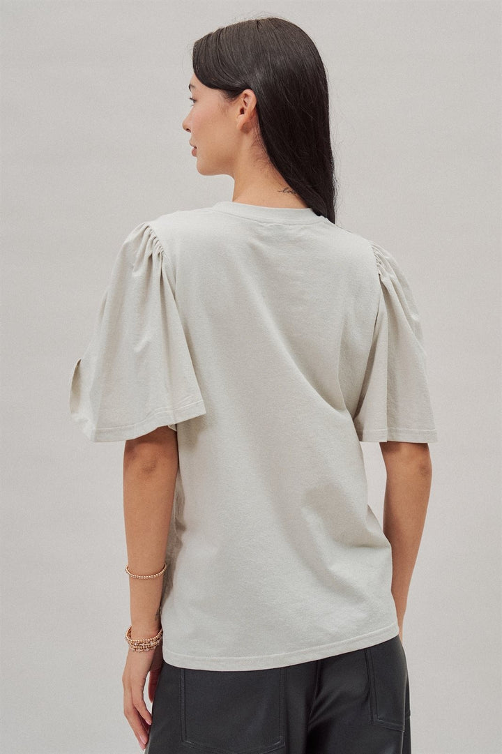 Textured Grid Ruffle Short Sleeve Top in Lt Grey - Women's Wholesale Fashion | Trend Notes