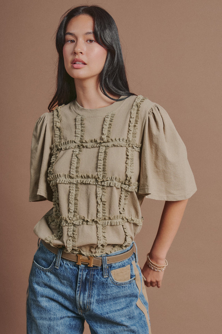 Textured Grid Ruffle Short Sleeve Top in Olive - Women's Wholesale Fashion | Trend Notes