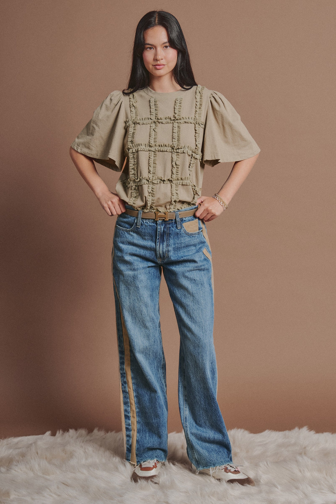 Textured Grid Ruffle Short Sleeve Top in Olive - Women's Wholesale Fashion | Trend Notes