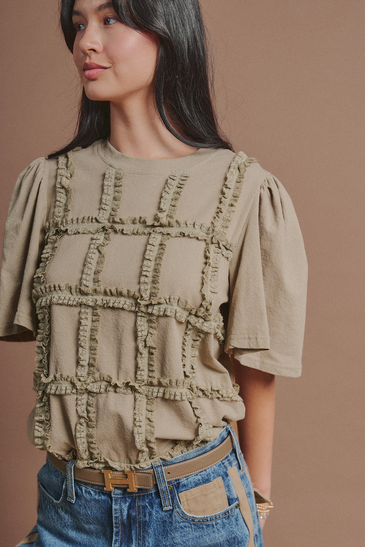 Textured Grid Ruffle Short Sleeve Top in Olive - Women's Wholesale Fashion | Trend Notes