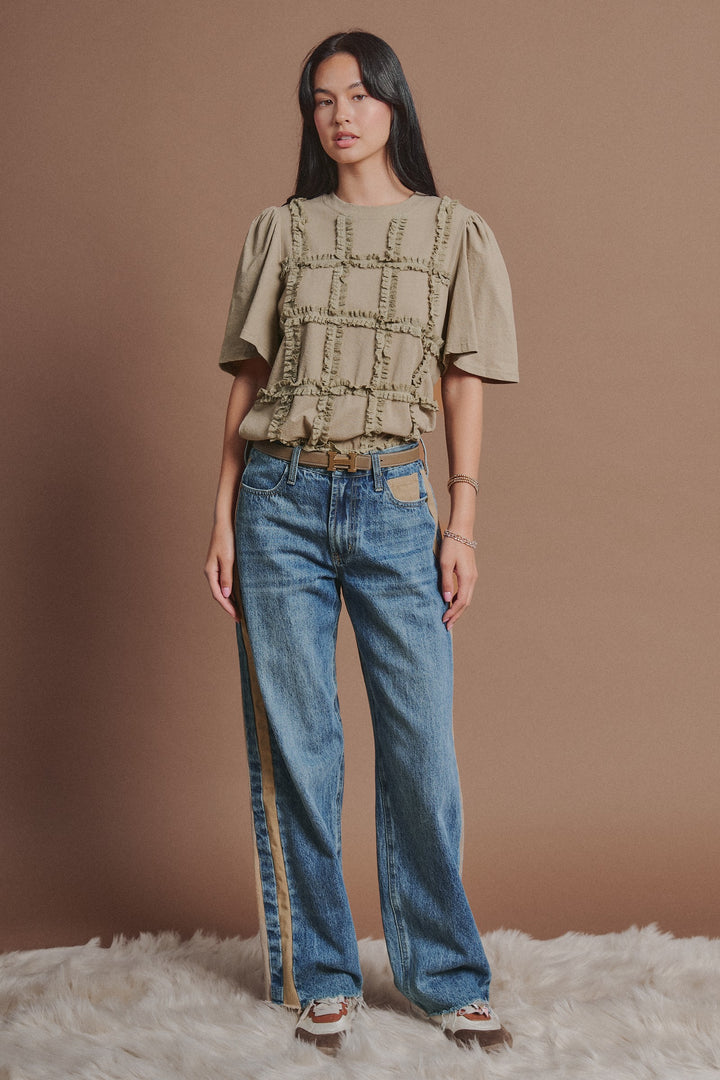 Textured Grid Ruffle Short Sleeve Top in Olive - Women's Wholesale Fashion | Trend Notes