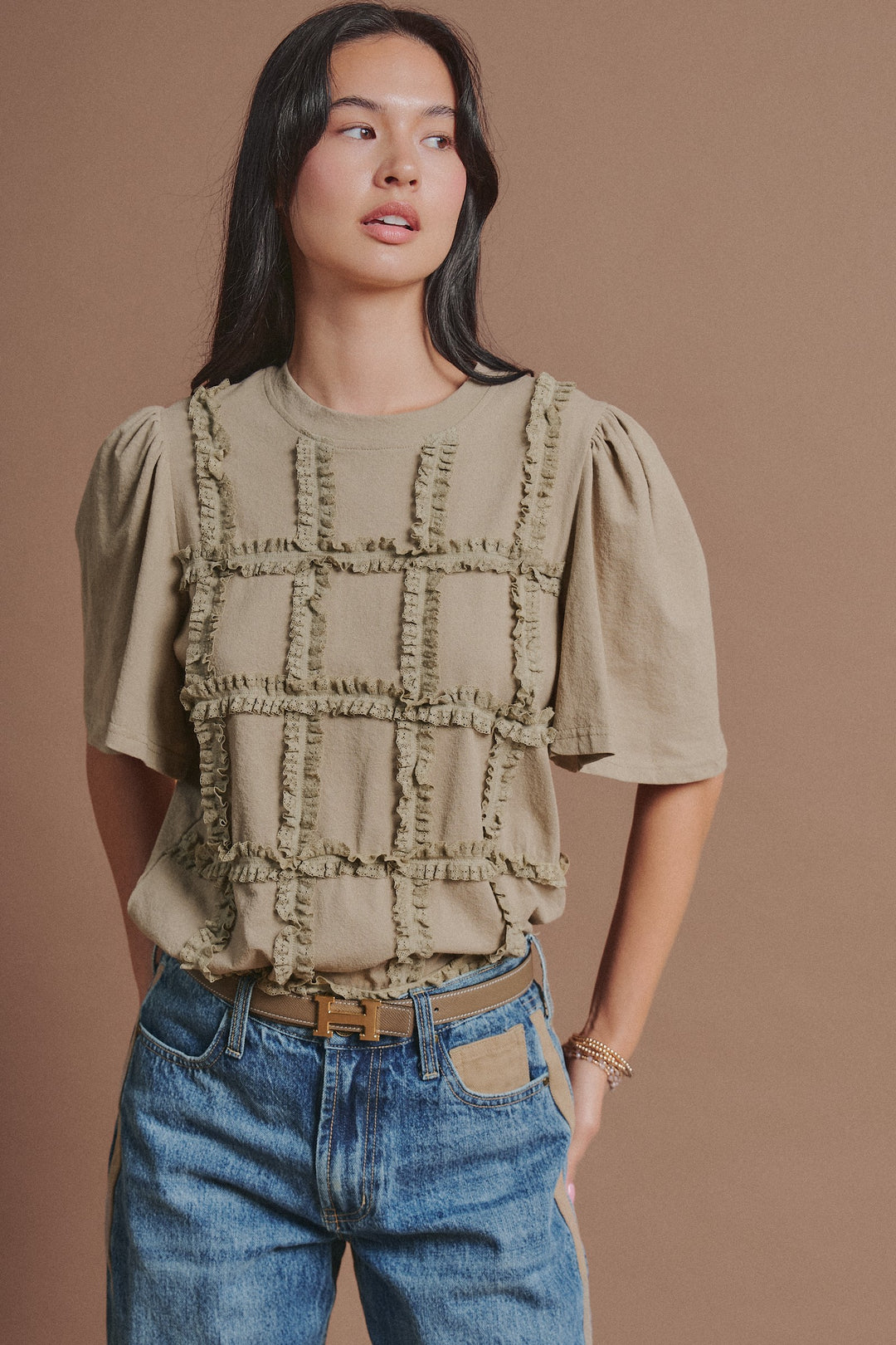 Textured Grid Ruffle Short Sleeve Top in Olive - Women's Wholesale Fashion | Trend Notes