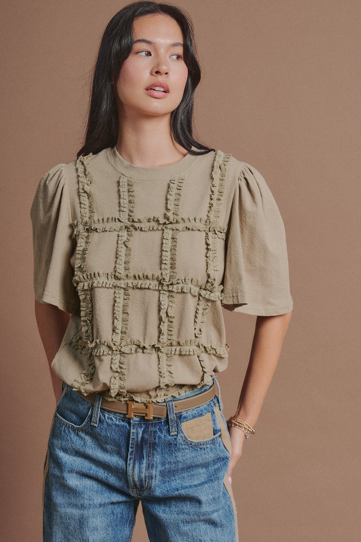Textured Grid Ruffle Short Sleeve Top in Olive - Women's Wholesale Fashion | Trend Notes