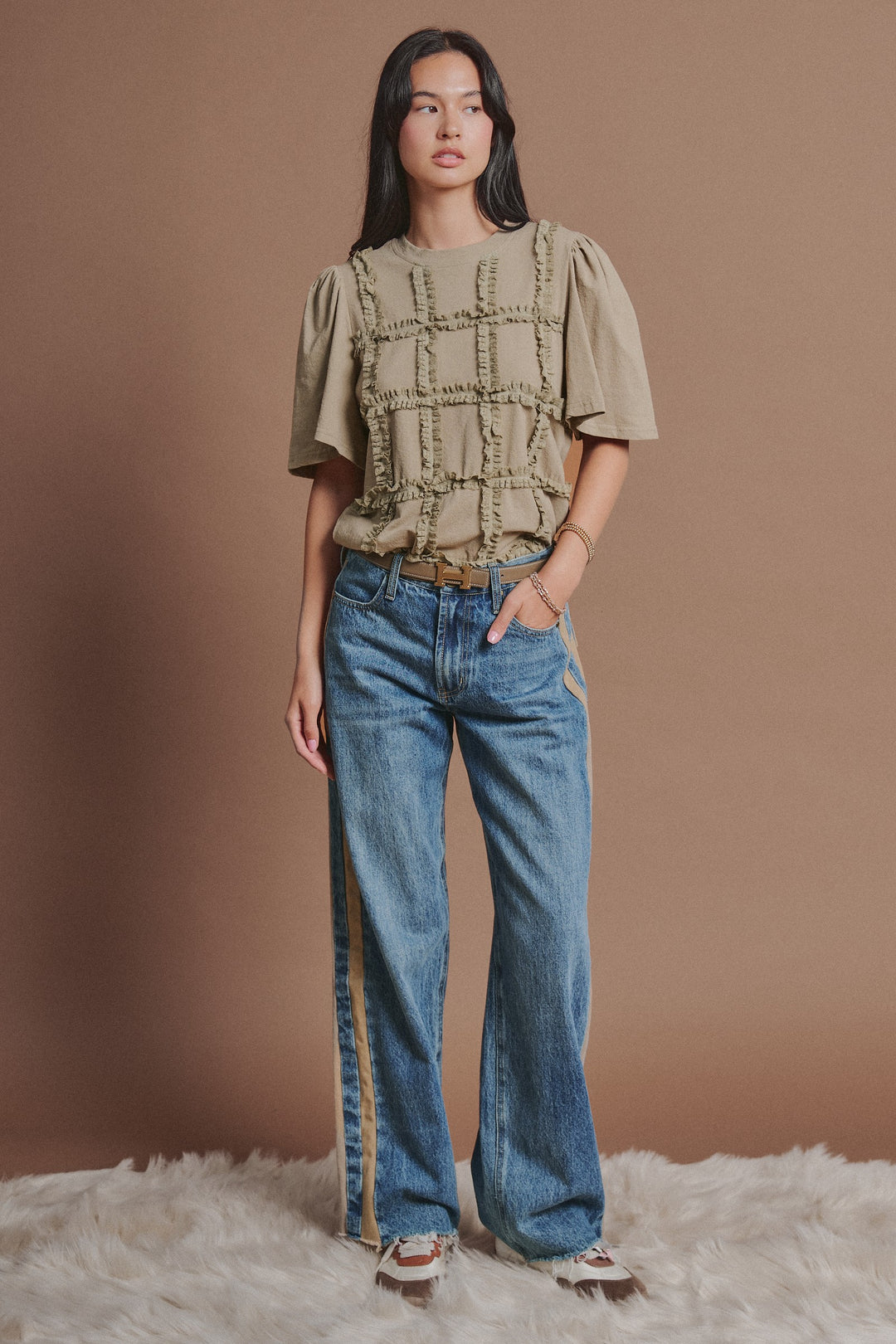 Textured Grid Ruffle Short Sleeve Top in Olive - Women's Wholesale Fashion | Trend Notes