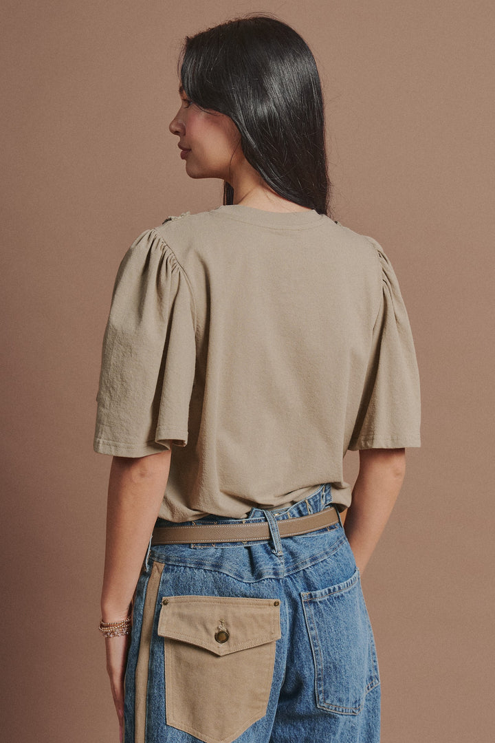 Textured Grid Ruffle Short Sleeve Top in Olive - Women's Wholesale Fashion | Trend Notes