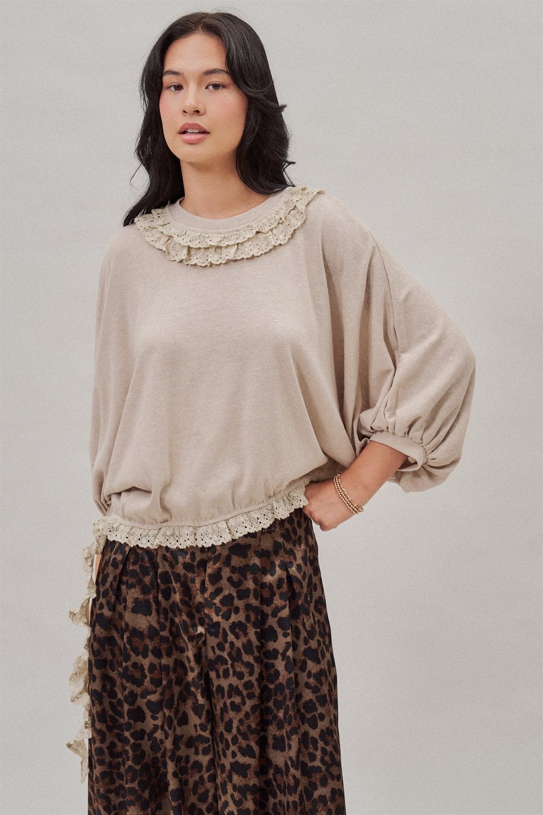 Lace Ruffle Collar Long Sleeve Top in Lt Grey - Women's Wholesale Fashion | Trend Notes