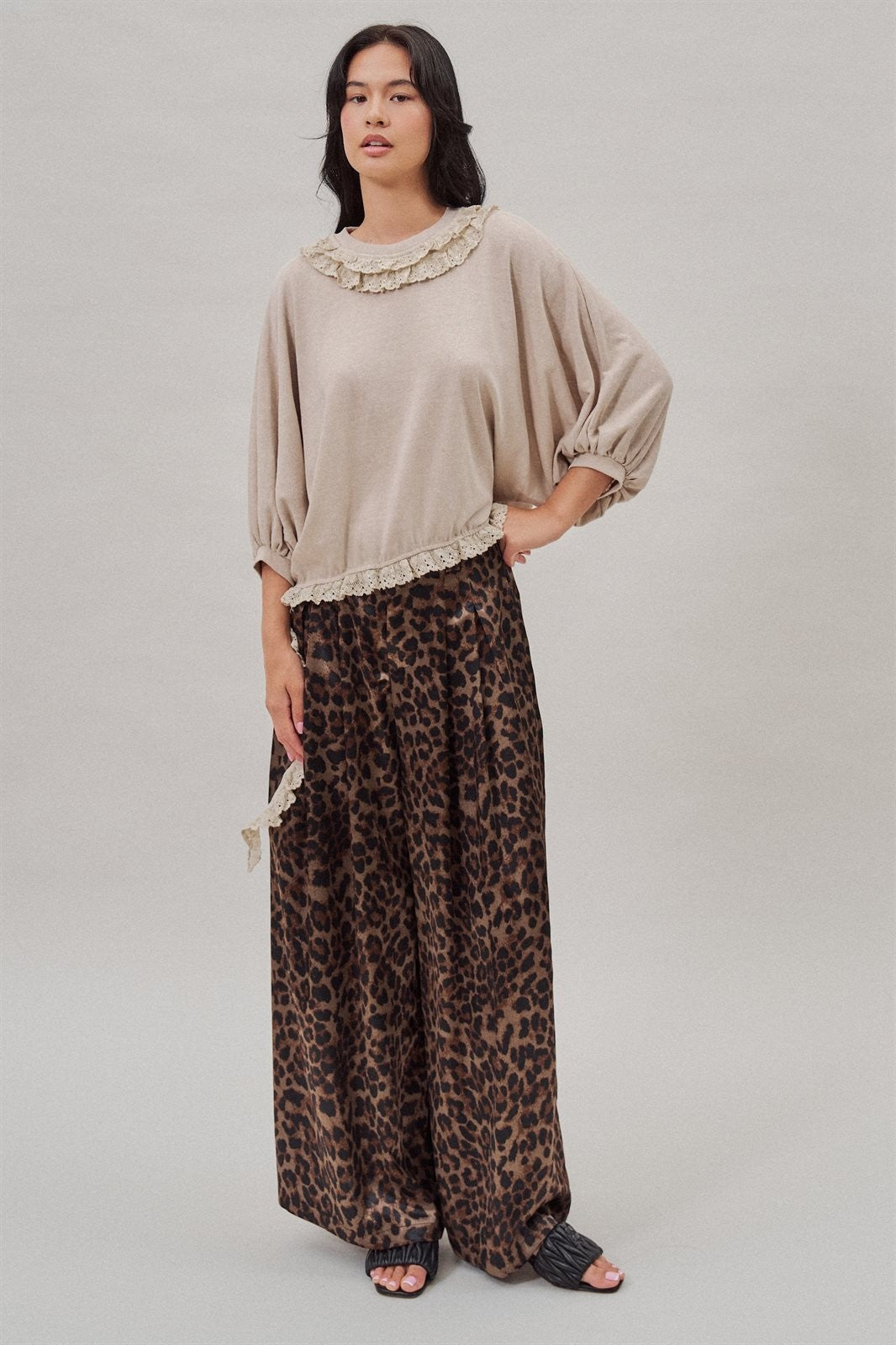 Lace Ruffle Collar Long Sleeve Top in Lt Grey - Women's Wholesale Fashion | Trend Notes