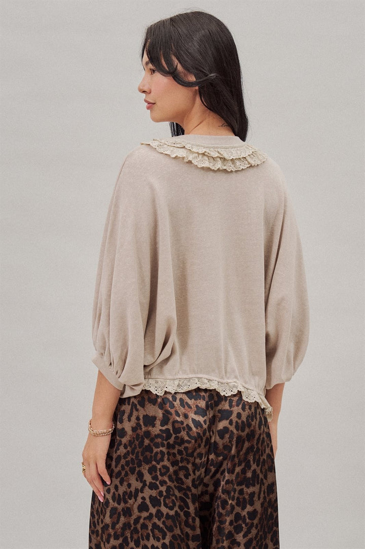 Lace Ruffle Collar Long Sleeve Top in Lt Grey - Women's Wholesale Fashion | Trend Notes