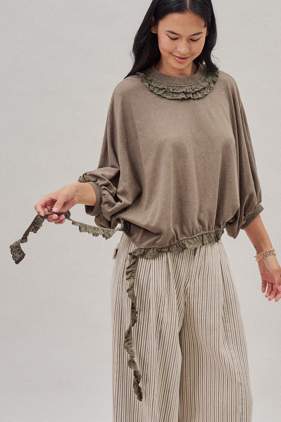 Lace Ruffle Collar Long Sleeve Top in Olive - Women's Wholesale Fashion | Trend Notes