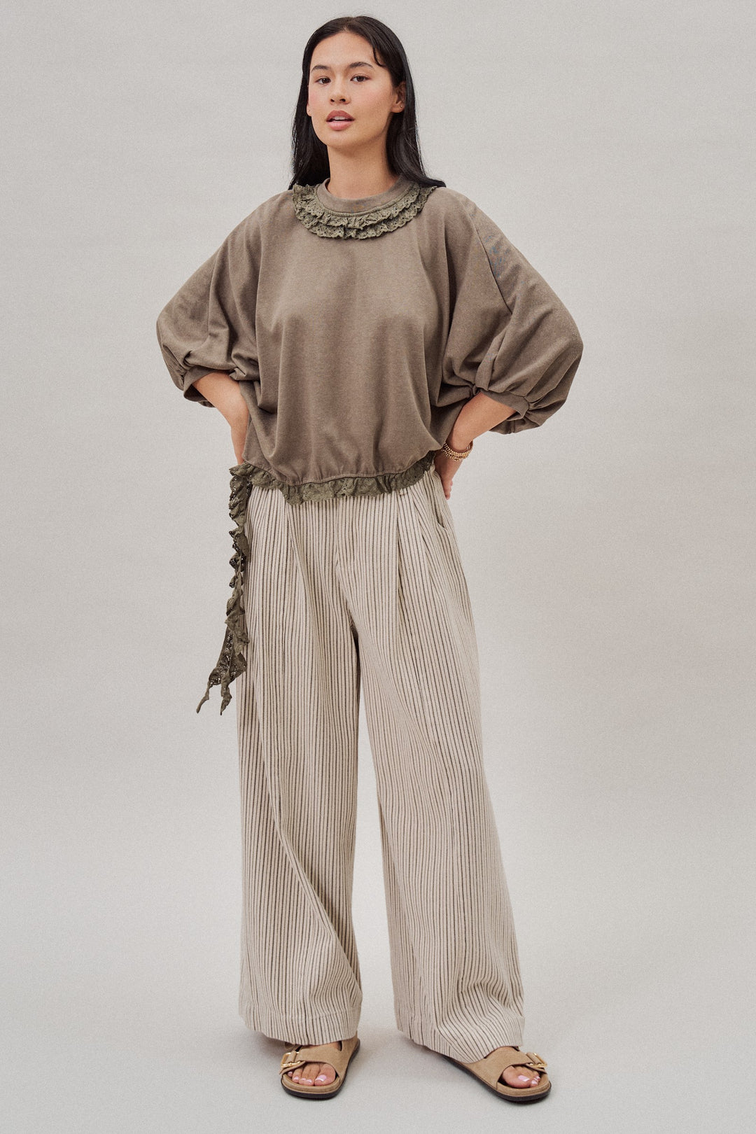 Lace Ruffle Collar Long Sleeve Top in Olive - Women's Wholesale Fashion | Trend Notes