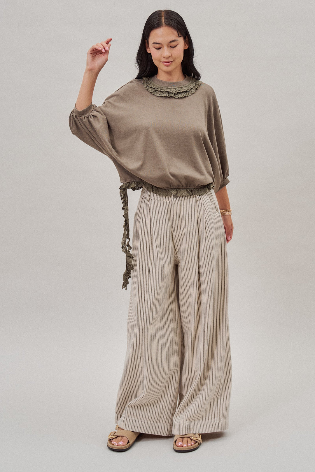 Lace Ruffle Collar Long Sleeve Top in Olive - Women's Wholesale Fashion | Trend Notes