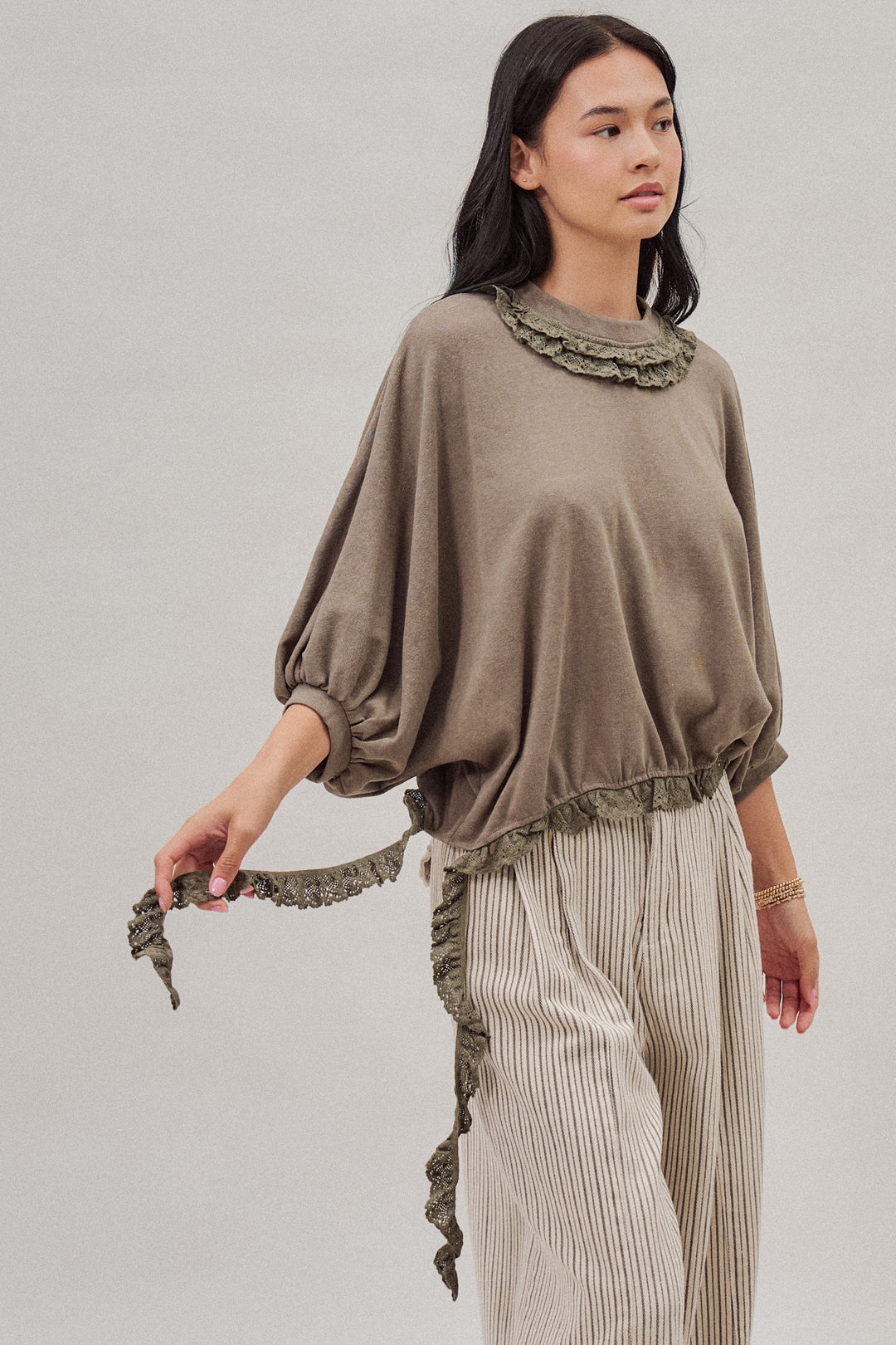Lace Ruffle Collar Long Sleeve Top in Olive - Women's Wholesale Fashion | Trend Notes
