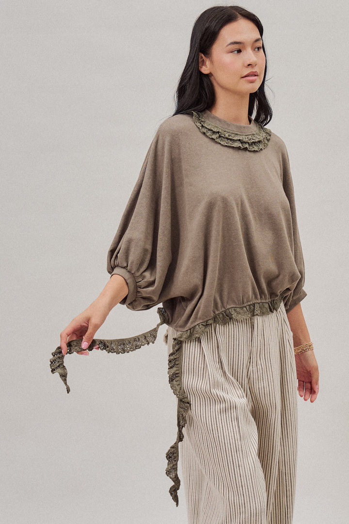 Lace Ruffle Collar Long Sleeve Top in Olive - Women's Wholesale Fashion | Trend Notes