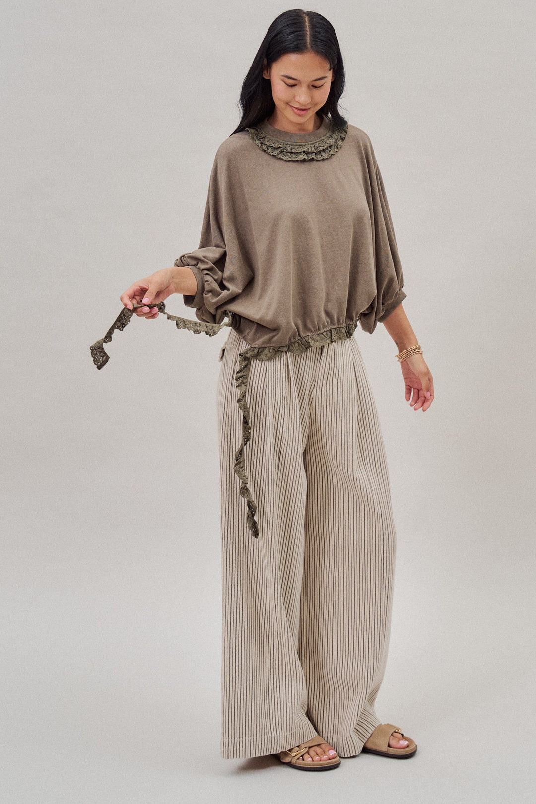 Lace Ruffle Collar Long Sleeve Top in Olive - Women's Wholesale Fashion | Trend Notes