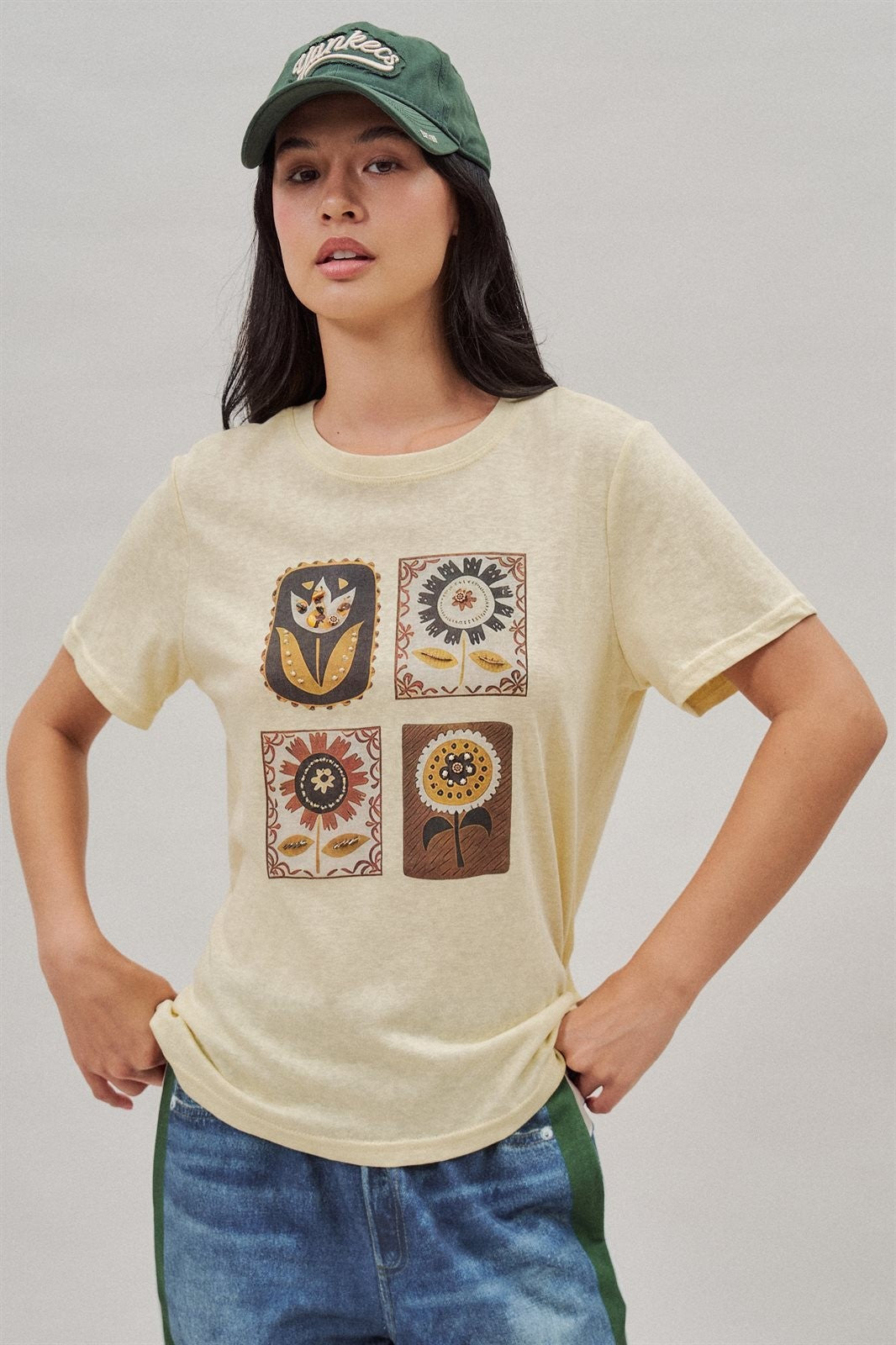 Folk Floral Graphic Tee with Beaded Embroidery Detail in Charcoal - Women's Wholesale Fashion | Trend Notes