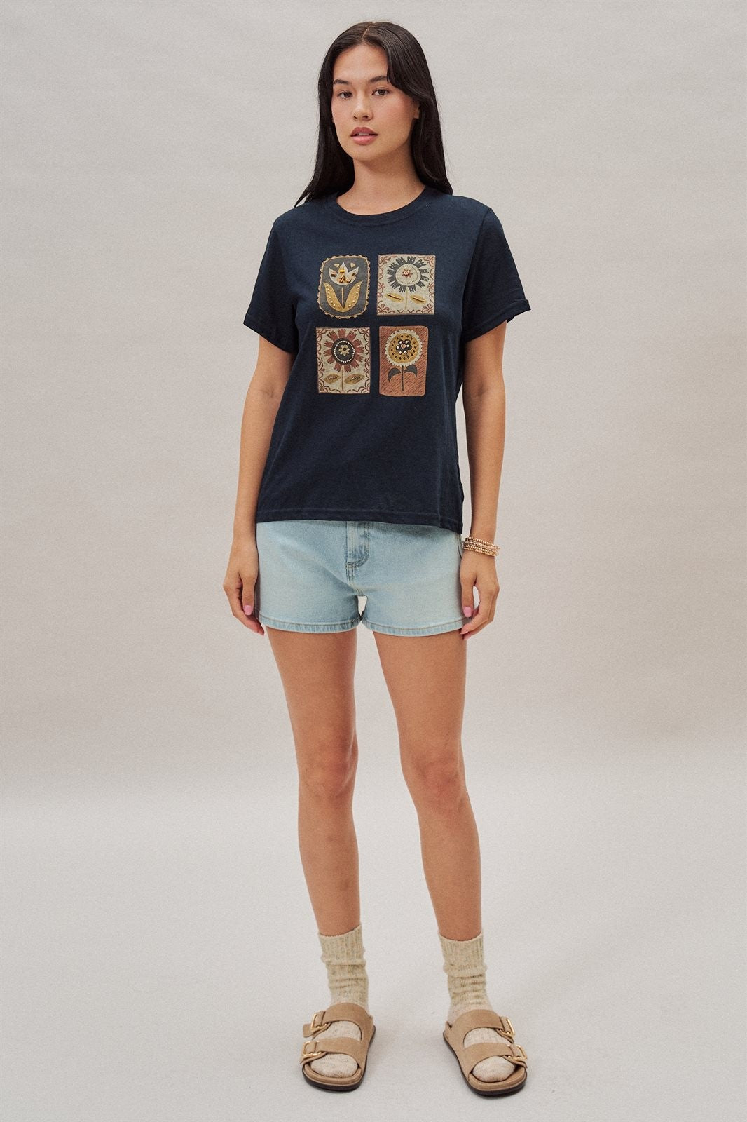Folk Floral Graphic Tee with Beaded Embroidery Detail in Navy - Women's Wholesale Fashion | Trend Notes