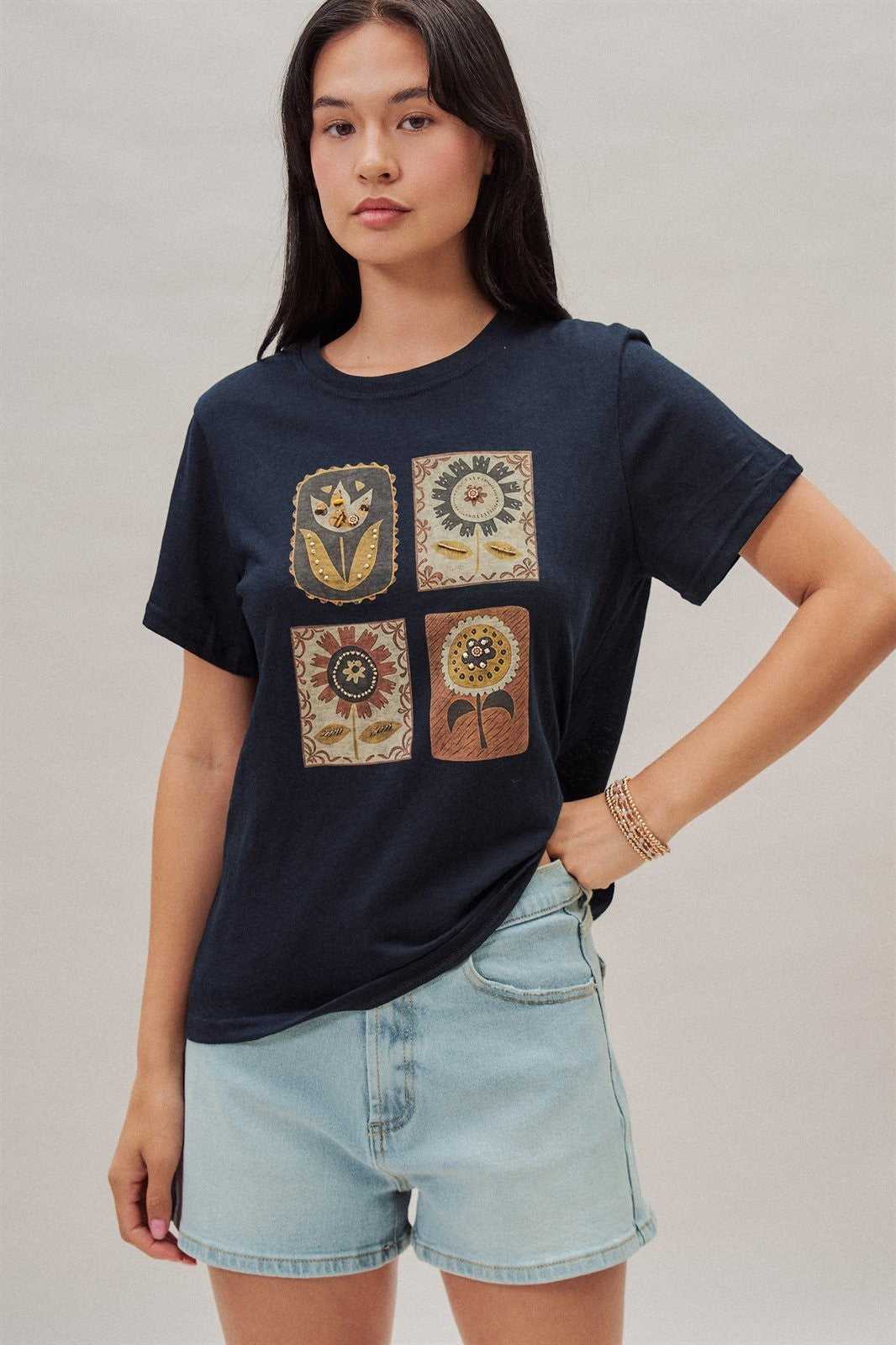 Folk Floral Graphic Tee with Beaded Embroidery Detail in Navy - Women's Wholesale Fashion | Trend Notes