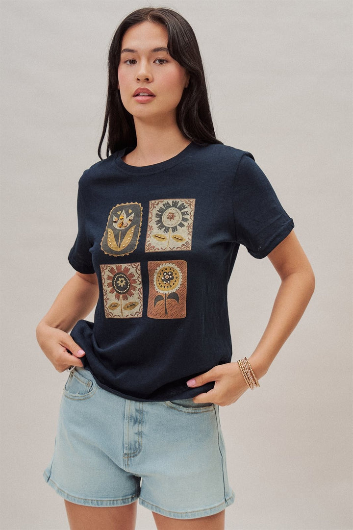 Folk Floral Graphic Tee with Beaded Embroidery Detail in Navy - Women's Wholesale Fashion | Trend Notes