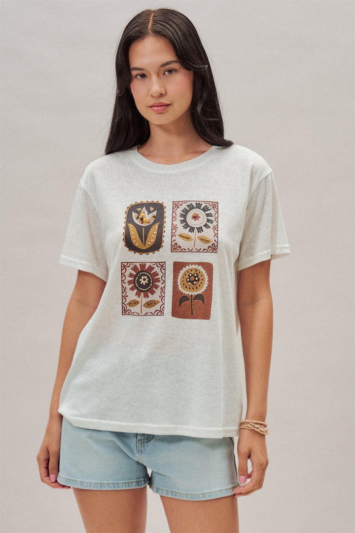 Folk Floral Graphic Tee with Beaded Embroidery Detail in White - Women's Wholesale Fashion | Trend Notes