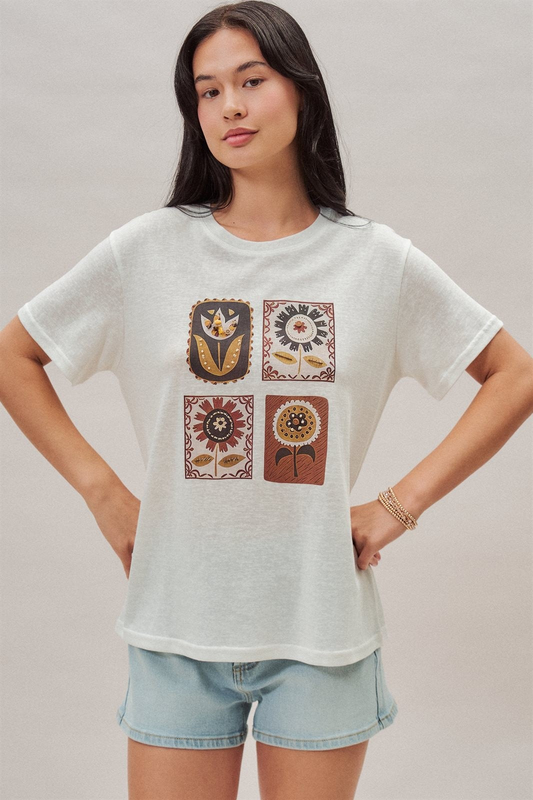 Folk Floral Graphic Tee with Beaded Embroidery Detail in White - Women's Wholesale Fashion | Trend Notes