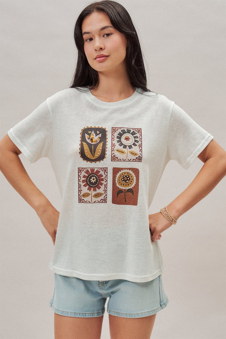 Folk Floral Graphic Tee with Beaded Embroidery Detail in White - Women's Wholesale Fashion | Trend Notes