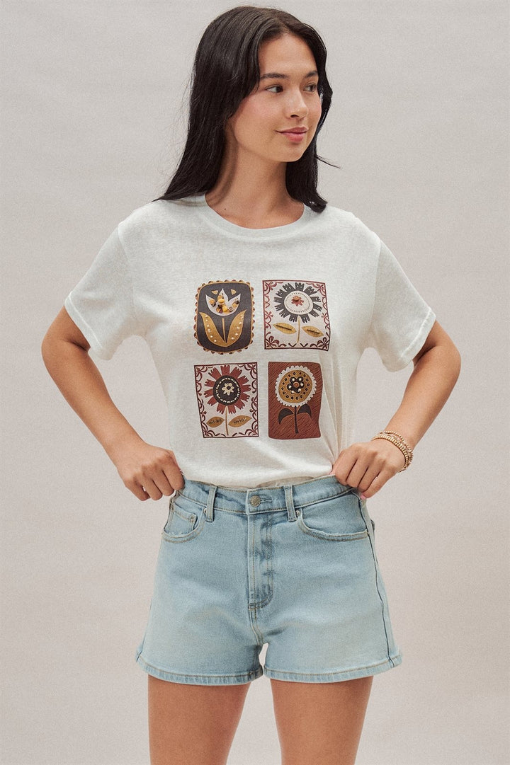 Folk Floral Graphic Tee with Beaded Embroidery Detail in White - Women's Wholesale Fashion | Trend Notes