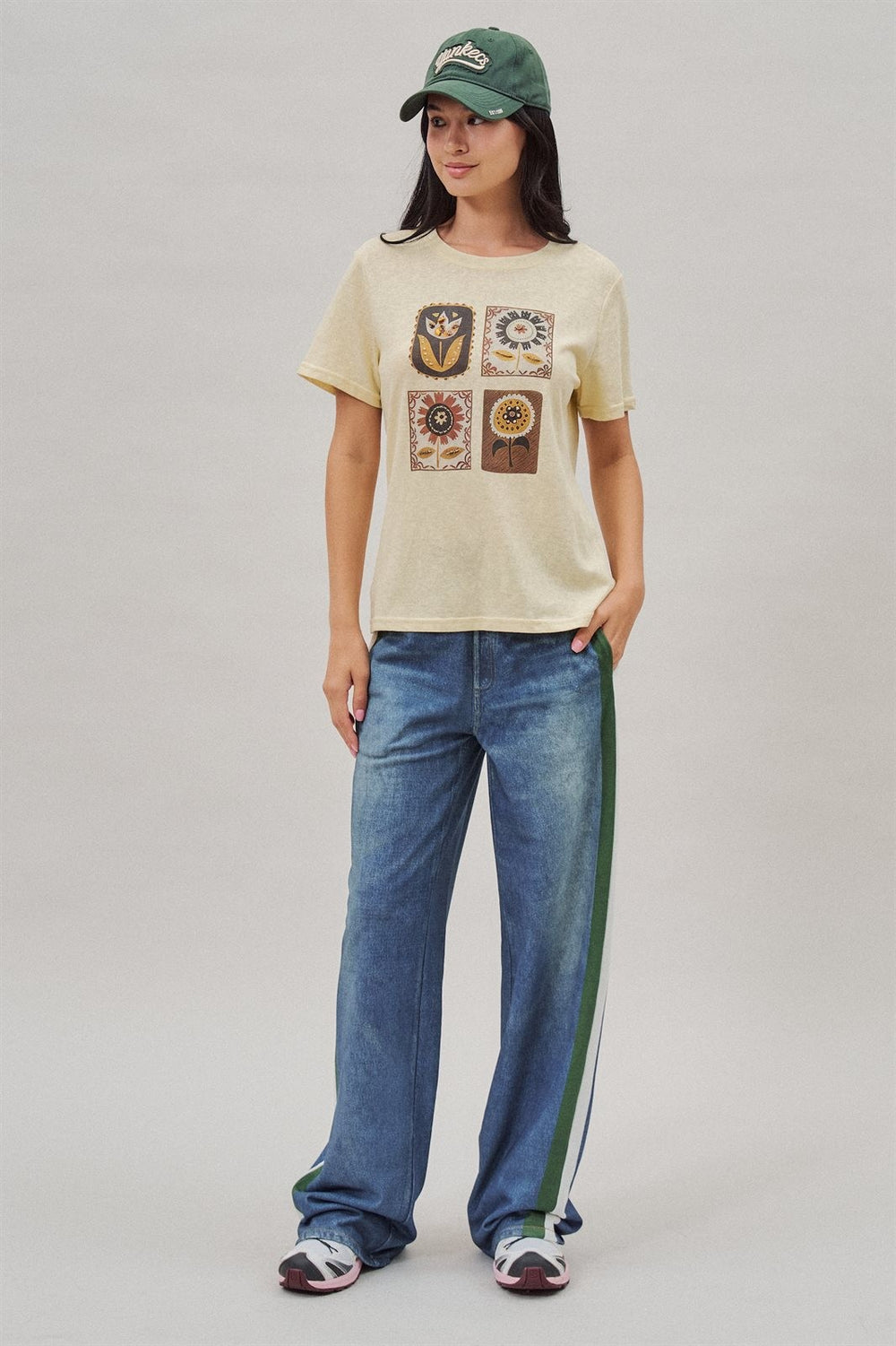 Folk Floral Graphic Tee with Beaded Embroidery Detail in Yellow - Women's Wholesale Fashion | Trend Notes