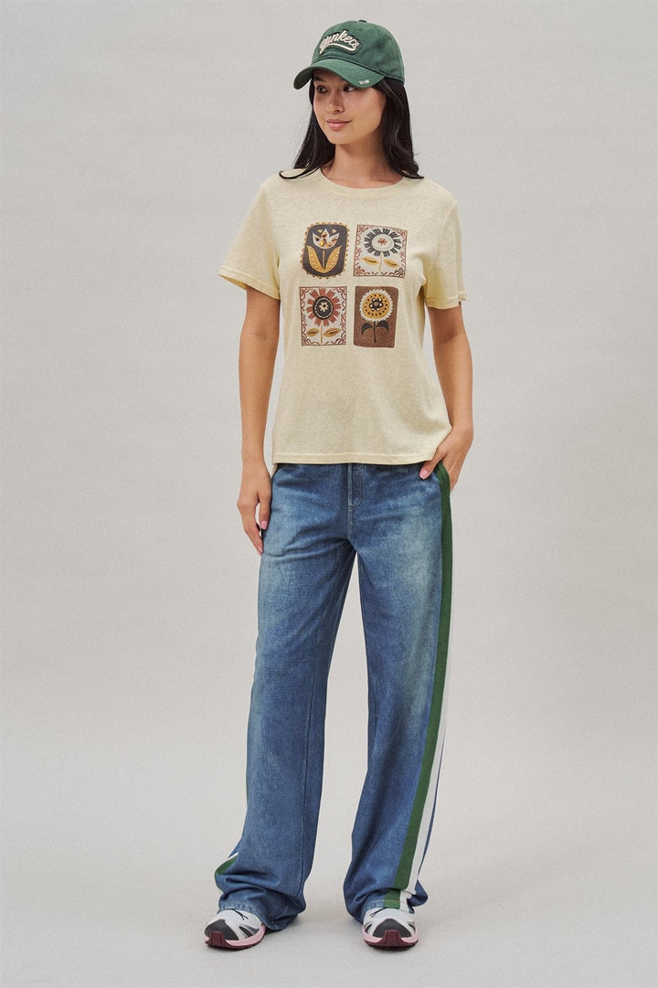 Folk Floral Graphic Tee with Beaded Embroidery Detail in Yellow - Women's Wholesale Fashion | Trend Notes