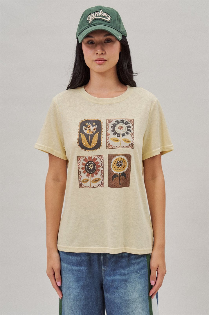 Folk Floral Graphic Tee with Beaded Embroidery Detail in Yellow - Women's Wholesale Fashion | Trend Notes