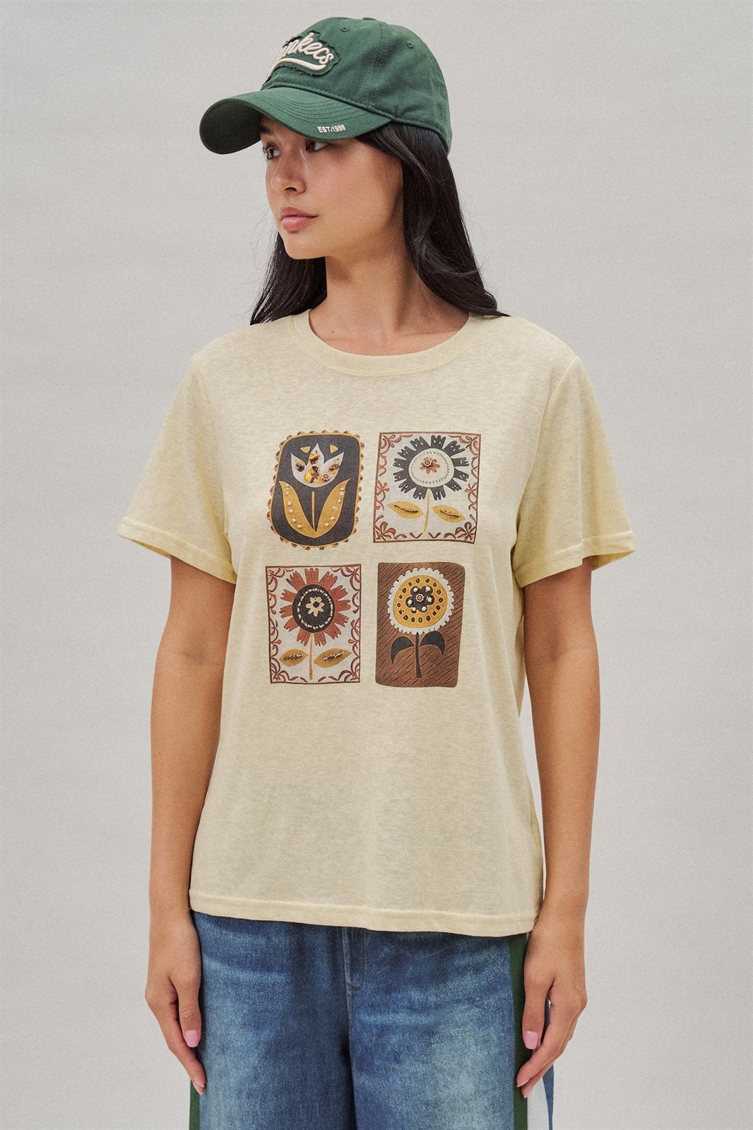 Folk Floral Graphic Tee with Beaded Embroidery Detail in Yellow - Women's Wholesale Fashion | Trend Notes