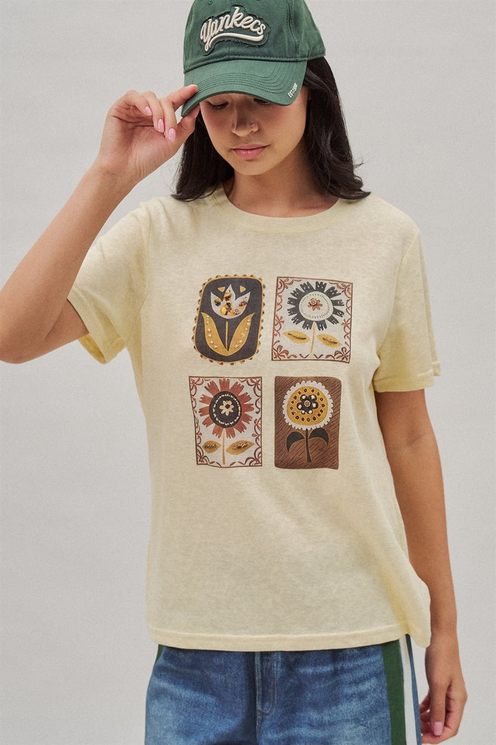 Folk Floral Graphic Tee with Beaded Embroidery Detail in Yellow - Women's Wholesale Fashion | Trend Notes