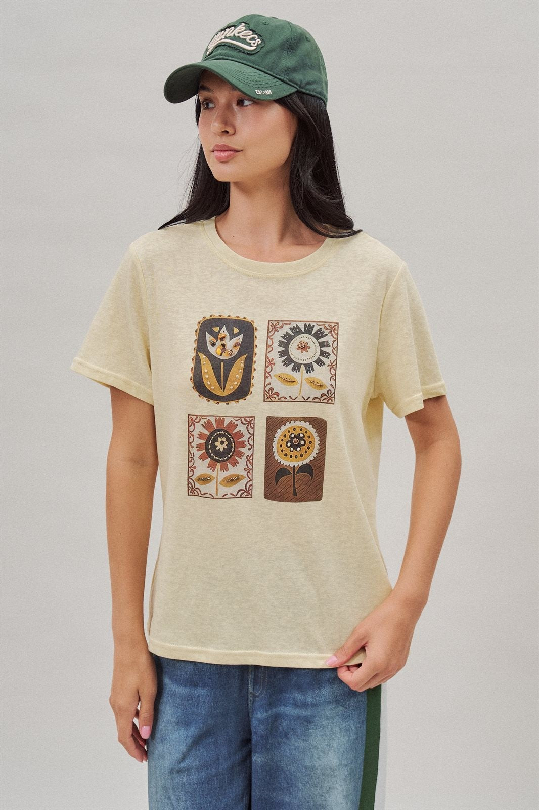 Folk Floral Graphic Tee with Beaded Embroidery Detail in Yellow - Women's Wholesale Fashion | Trend Notes