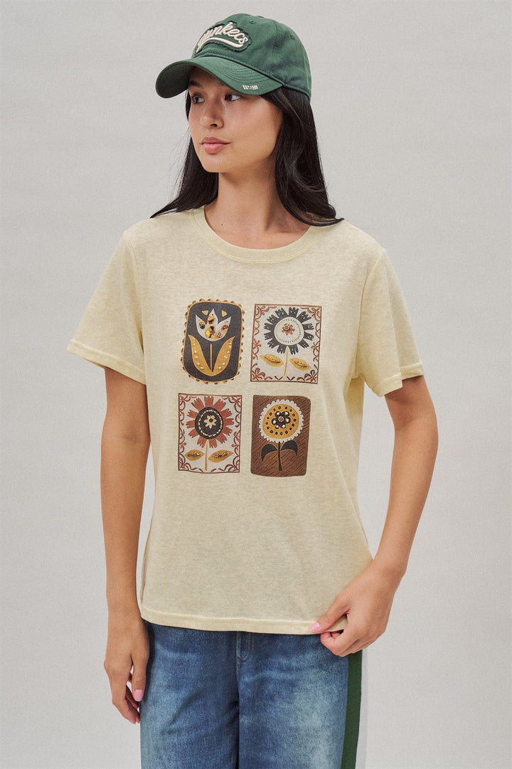 Folk Floral Graphic Tee with Beaded Embroidery Detail in Yellow - Women's Wholesale Fashion | Trend Notes